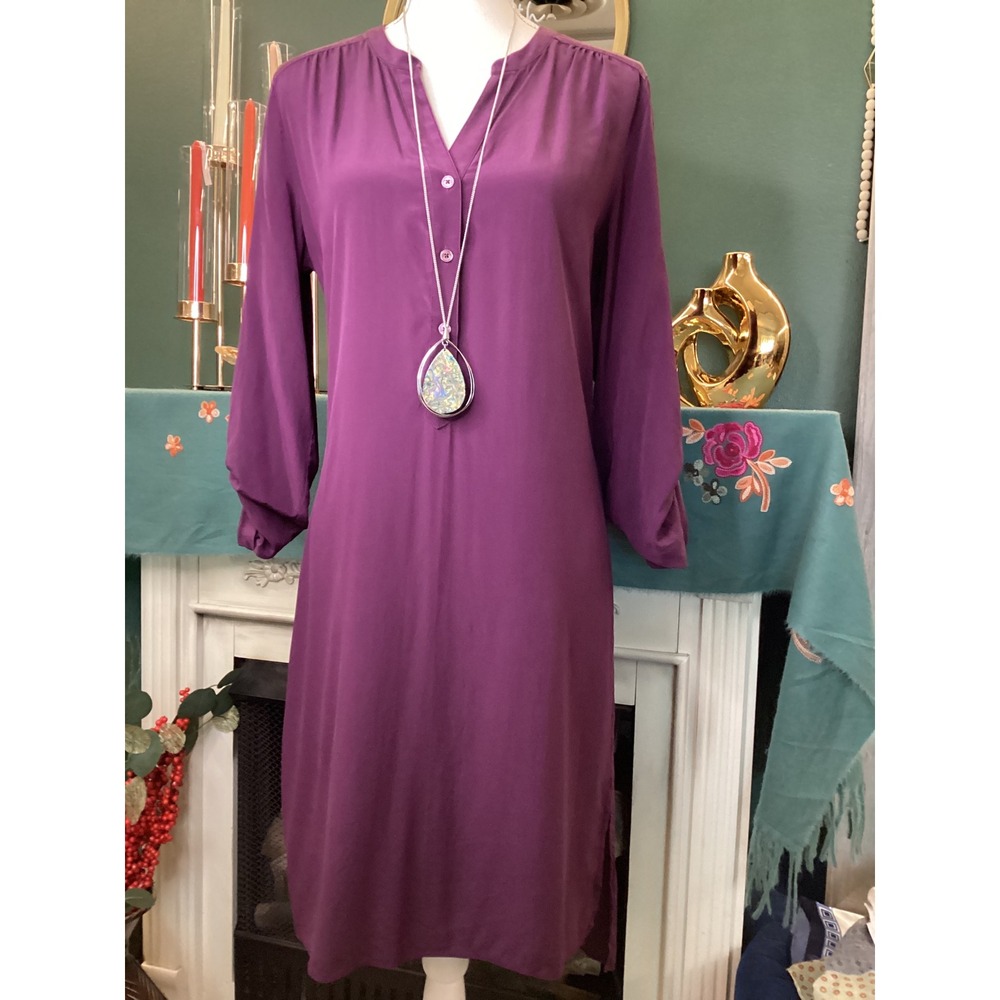Tommy Bahama Womens Purple 100% Silk Split Neck Ruched Sleeve Shift Dress S